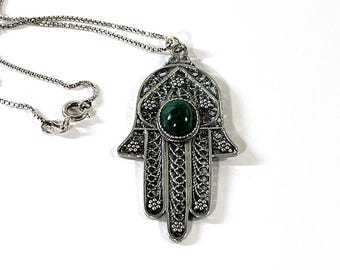 Vintage Large Sterling Silver Hamsa-Khamsa W/Green Jade Gemstone, Protection Charm, Egypt. 2.5" L. 1.25" W, 19" Box Chain. Free US Shipping