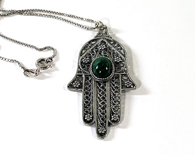 Vintage Large Sterling Silver Hamsa-Khamsa W/Green Jade Gemstone, Protection Charm, Egypt. 2.5" L. 1.25" W, 19" Box Chain. Free US Shipping