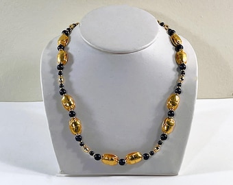 Vintage Egyptian Scarabs necklace, 24K gold overlay & blue Lapis Beads, 10 Scarabs 14X10mm, 18" Long, Lobster Claw Clasp. Free US Shipping.