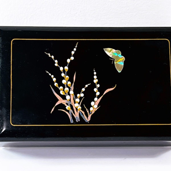 Vintage Black Lacquer & Red Velvet "Lara's Theme" Sankyo Music Jewelry Box, Abalone Inlay Butterfly, Mirror, 8" W. 5" L.  Free US Shipping