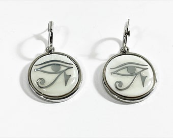 Sterling Silver Small Hoops With Dangle Disk Depict The Egyptian Eye of Horus, 12mm - 1/2" Hoop, 21mm Disk. 11 Grams, Free US Shipping