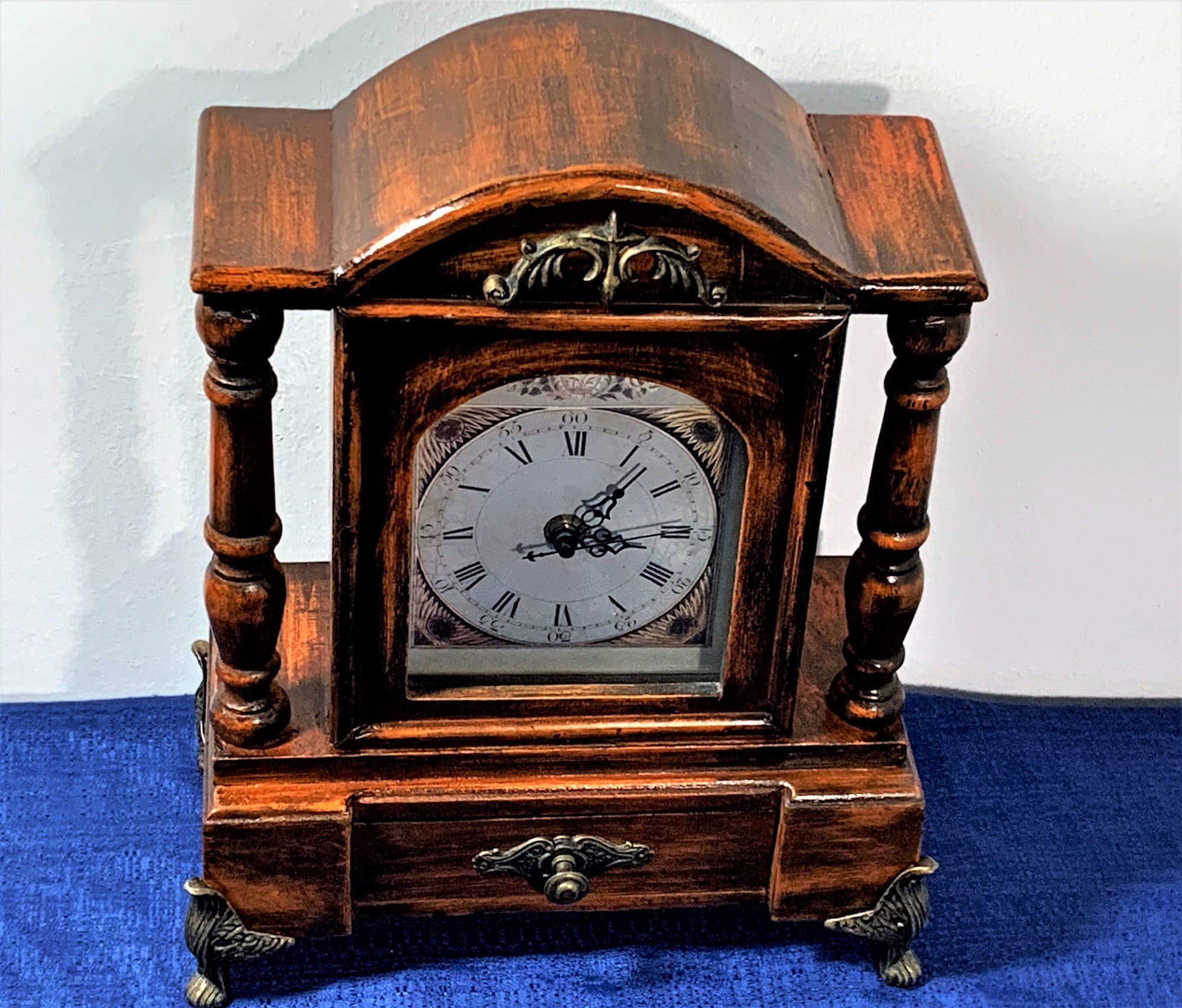 Vintage Victorian Style Carved Wood Mantle Clock, Ornate Metal Feet