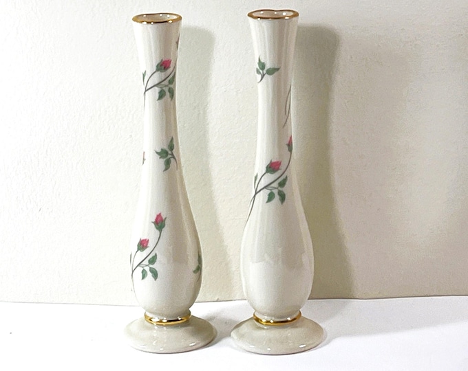 Pair of Lenox® Rose Manor Bud Vases. Original USA Fine Bone China, Roses & 24K Gold Trims, 7.5” T. 2.25” Base. Mint,Free US Shipping.