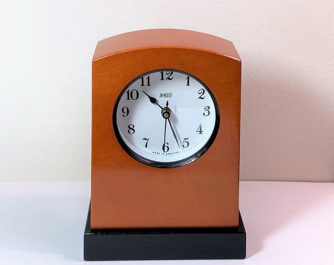 Vintage Inhouse British Handmade Contemporary Clock. Fine Woods, Junghans German Quartz Movement. Restored and Refinished, 6.5" T - 5" W.