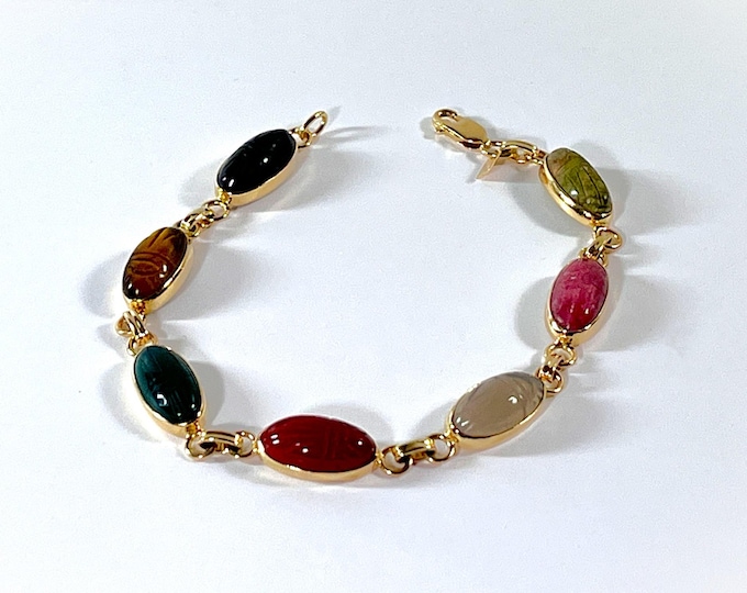 WRE® 14K Solid Gold Scarab Bracelet, 7 Carved Gemstone Scarabs 14X8mm, Jade, Jasper, Coral, Tiger's Eye Etc. 11 Grams.. Free US Shipping.
