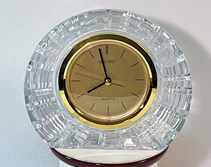 Seiko Fine Crystal Mantel Clock, Japan. Hand Cut 24% Lead Crystal, Serviced & Works Perfectly, 6" W. 5.25" T. Free US Shipping.
