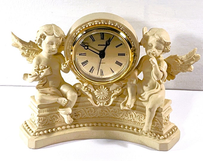 Vintage 1991 "Mantel Cherub Clock", Staiger® Germany Quartz Clock, Bisque Porcelain, Great Condition, Serviced, 7" W. 6" T. Free US Shipping