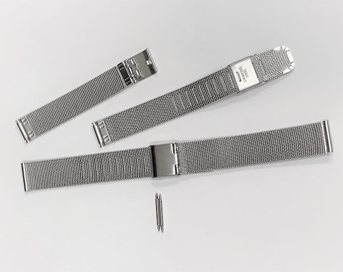 Vintage Stainless Steel Mesh Watch Band, Flex, 22 mm Lugs, Hook and Fold Over Clasp, New Old Stock