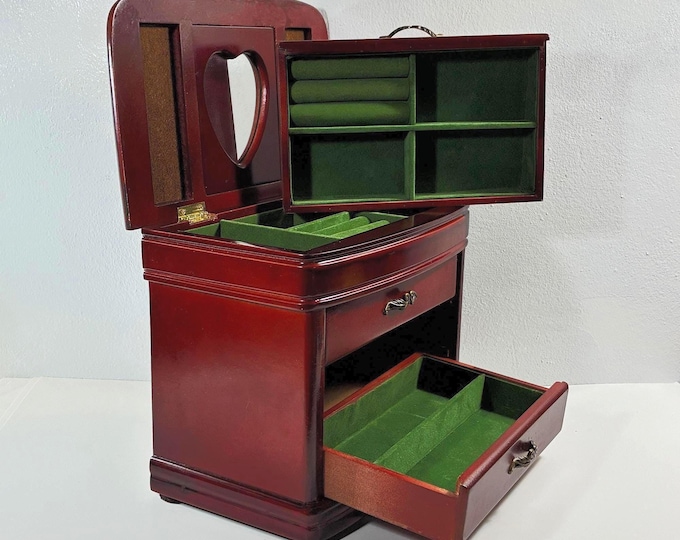 VTG Carved Mahogany Wood Jewelry Chest, Lid W/Mirror, 3 Wide Sectioned Drawers, Ring Sections, . 9.5" W. 8" T.  Restored, Free US Shipping.