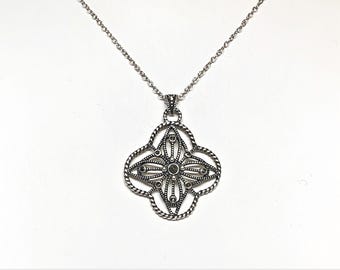 Sterling Silver Marcasite Hand Crafted Cross Necklace, Unique Filigree Work, 1 3/8" L. 1" W, 18" Sterling Fine Chain. Free US Shipping.