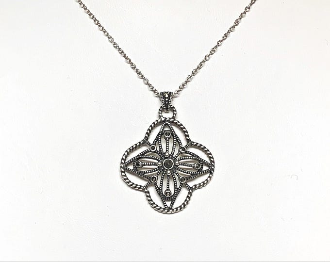 Sterling Silver Marcasite Hand Crafted Cross Necklace, Unique Filigree Work, 1 3/8" L. 1" W, 18" Sterling Fine Chain. Free US Shipping.