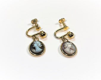 Vintage 12K Gold Filled Dangle Carved Abalone Cameos Dangle Earrings, Screw Backs (Non Pierced), 12X10 mm Cameos, 1950's. Free US Shipping.