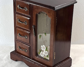 Vintage Carved Wood Jewelry Armoire, Floral Glass Door, 4 Drawer, Ring Section, Hangers, Mirror, 10.5" T, 8.5" W, Restored, Free US Shipping
