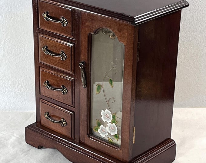 Vintage Carved Wood Jewelry Armoire, Floral Glass Door, 4 Drawer, Ring Section, Hangers, Mirror, 10.5" T, 8.5" W, Restored, Free US Shipping