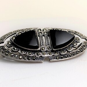 Vintage Sterling Black Onyx and Marcasite Brooch, 1 3/4&quot; - 45mm Wide, Classic Beauty