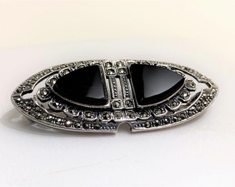 Vintage Sterling Black Onyx and Marcasite Brooch, 1 3/4" - 45mm Wide, Classic Beauty