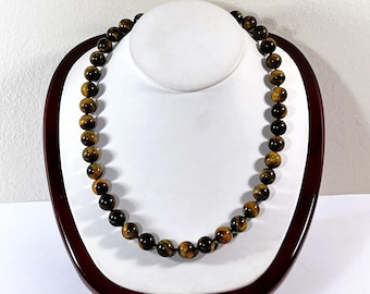 Vintage BBJ™ Thailand Authentic Tiger's Eye Beaded Necklace, 39 Beads 10.5mm, Sterling Silver Lobster Clasp Signed, 18" L. Free US Shipping.
