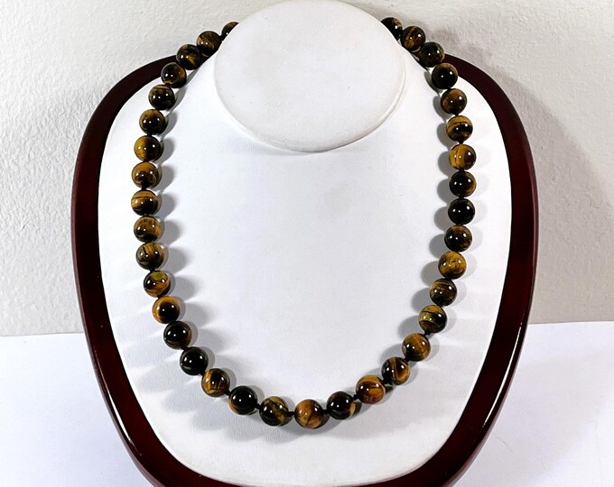 Vintage BBJ™ Thailand Authentic Tiger's Eye Beaded Necklace, 39 Beads 10.5mm, Sterling Silver Lobster Clasp Signed, 18" L. Free US Shipping.