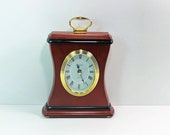 Bulova Quartz B2760, Carved Wood Varnished Piano finish, Brass Finish, Serviced Works perfectly, 9 quot T. 6 quot W. Unique, Free US Shipping