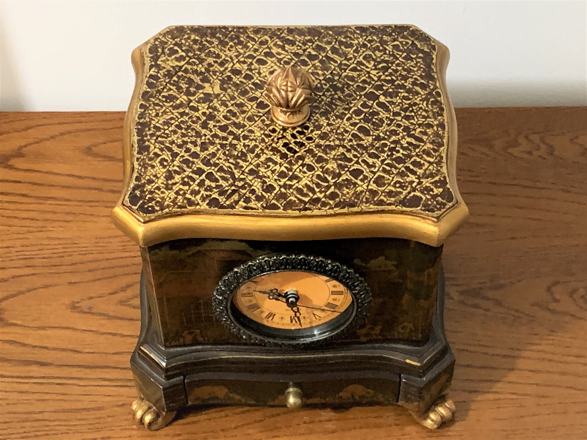 Vintage Large Decorated Wood Clock Trinket Storage Box, Removable Lid W