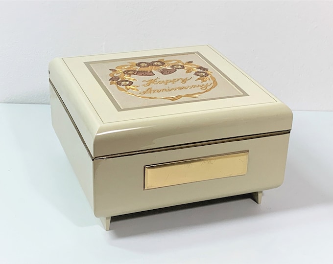 Anniversary Music Jewelry Box, Art of Chokin Gilded Engraved Plate, Mirror and Padded Sections, Sankyo Music Box, Japan, Free US Shipping.