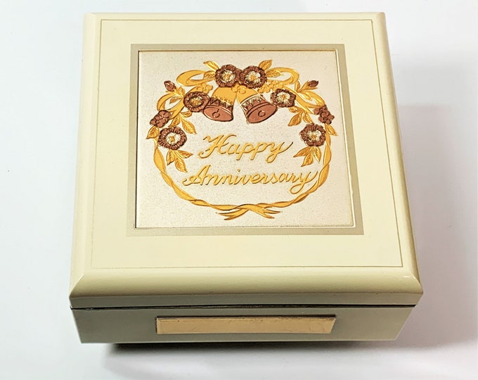 Anniversary Music Jewelry Box, Art of Chokin Gilded Engraved Plate, Mirror and Padded Sections, Sankyo Music Box, Japan, Free US Shipping.