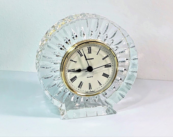 Staiger Germany "Sun Shine" Fine Austrian Lead Crystal Mantel Clock, 5" Diameter, 1 1/2" D, Mint Condition. Free US Shipping.