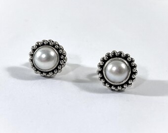 Sterling Silver & Natural Biwa White Pearl Stud Earrings, Double Row Beaded Frame, Large Backs,  1/2" Round, 8mm Pearls. Free US Shipping