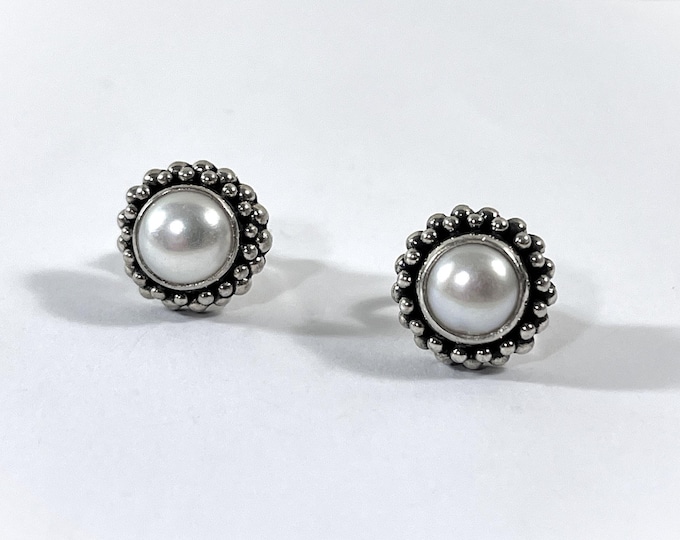 Sterling Silver & Natural Biwa White Pearl Stud Earrings, Double Row Beaded Frame, Large Backs,  1/2" Round, 8mm Pearls. Free US Shipping