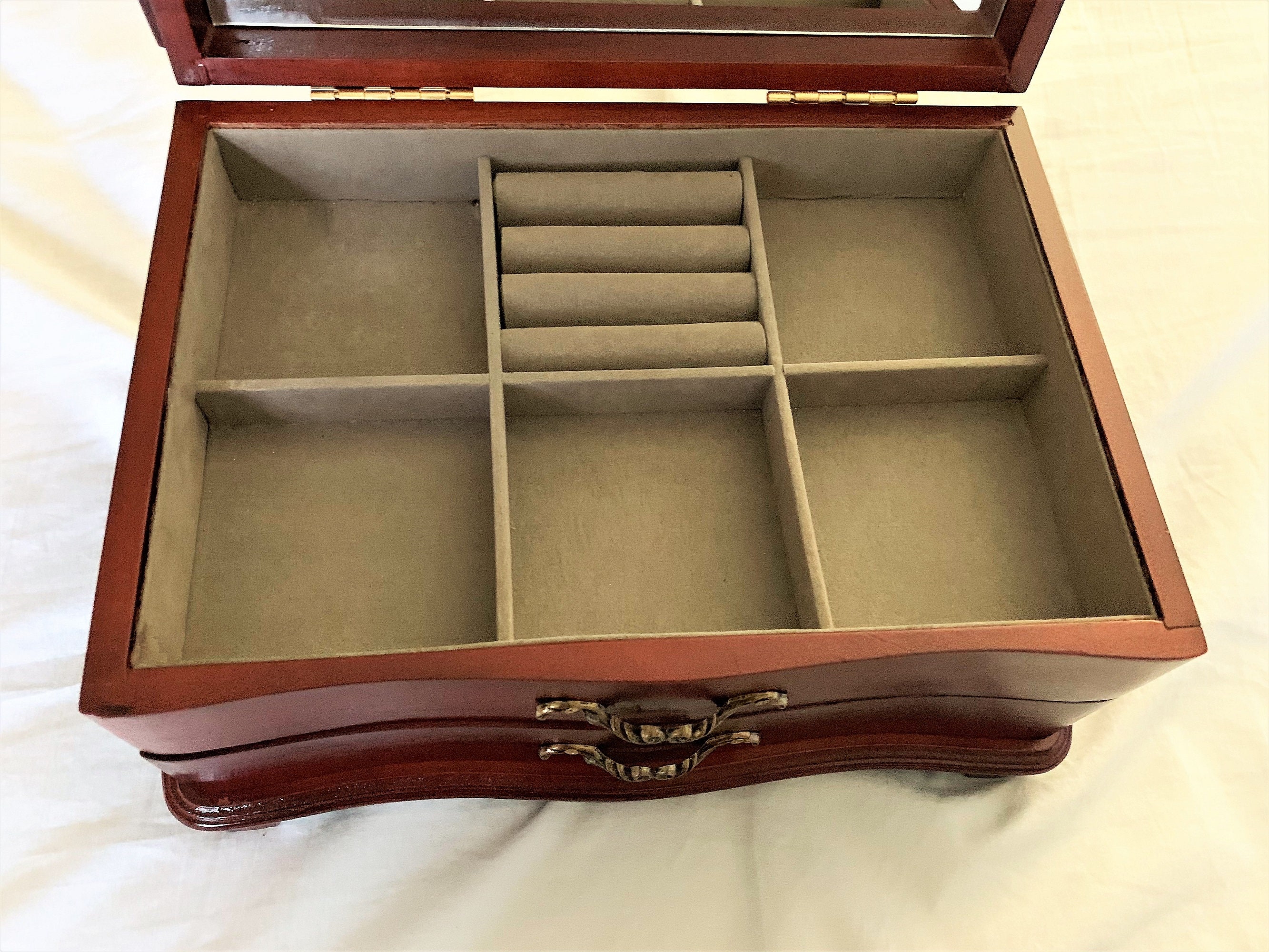 Vintage Fine Wood Jewelry Box Storage, Large Mirror, Padded Drawer