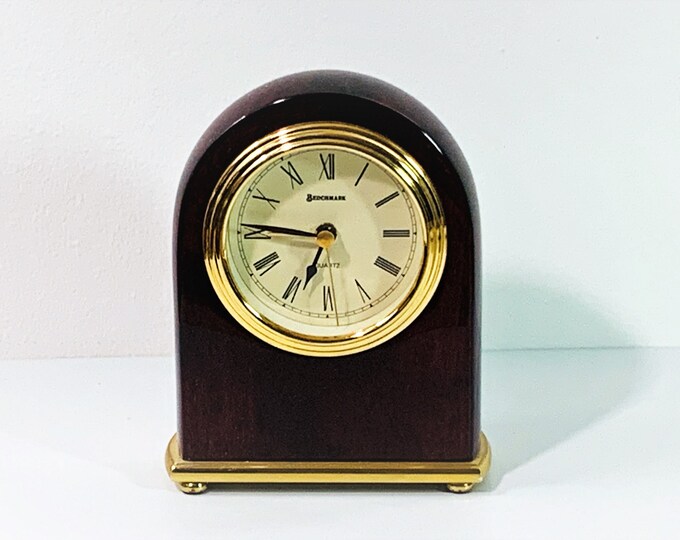 Benchmark Mahogany Gloss & Brass Alarm Clock, Precision Quartz, 5" Tall - 4"  Wide, Works Perfectly. Refurbished. FREE US SHIPPING