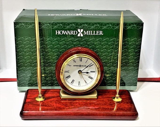 Vintage Howard Miller Rosewood Desk Alarm Clock 613-588, Solid Brass, 2 Pens, Precision Quartz, 9" W. 4.5" H, Mint in Box, Free US Shipping