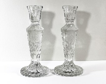Vintage Pair of Toscany™ Austria Fine Crystal Candle Holders. Carved Roses, Vibrant Diamond Facets, 8" Tall, 3.5" Base, Free US Shipping