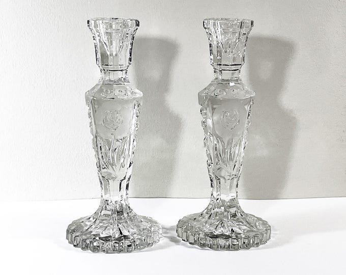 Vintage Pair of Toscany™ Austria Fine Crystal Candle Holders. Carved Roses, Vibrant Diamond Facets, 8" Tall, 3.5" Base, Free US Shipping