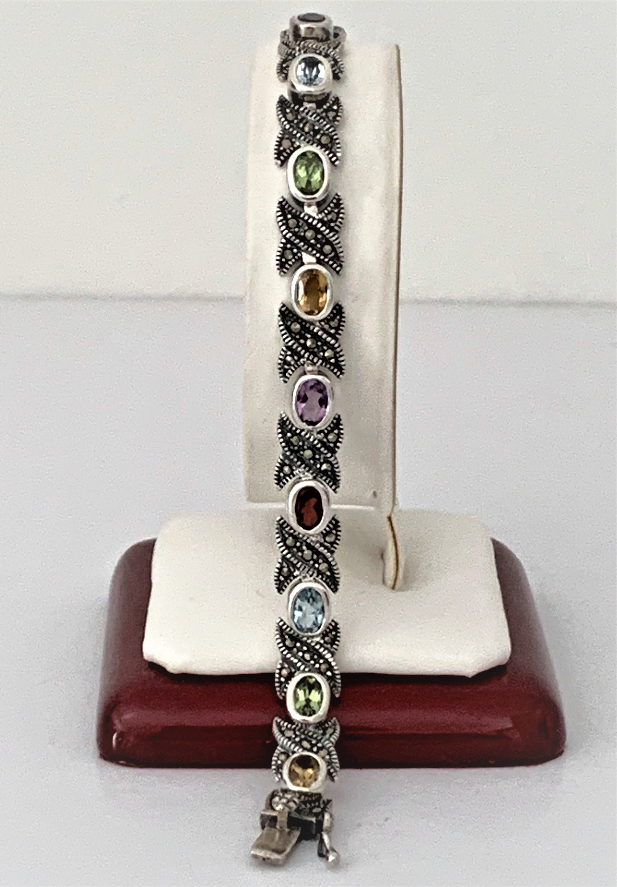 Vintage Sterling Silver Marcasite and Multi Gemstone Bracelet, 15 Oval