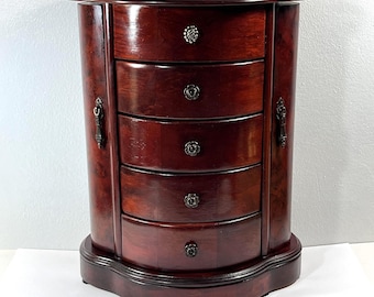 Vintage Hardwood Large Jewelry Armoire, Hinged Lid W/Mirror, 2 Boxed Side Doors W/Hangers, 4 Large Drawers. 14" T. 11" W. Free US Shipping.