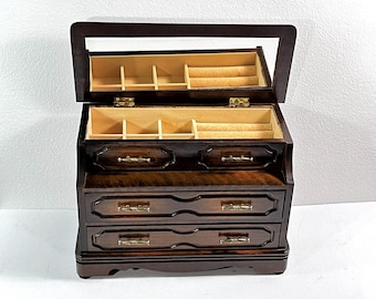 Vintage Jay™ Carved Wood Varnished Musical Jewelry Box, Tune: "Somewhere My Love", Mirror, Restored, 11" W. 8" T. 6" L Free US Shipping.