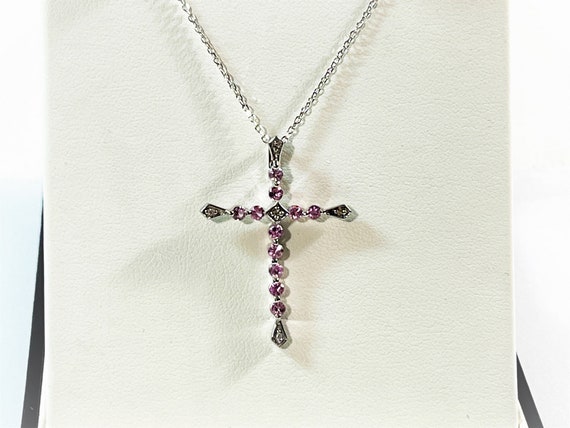 10K White Gold Pink Sapphire & Diamond Cross Neck… - image 3