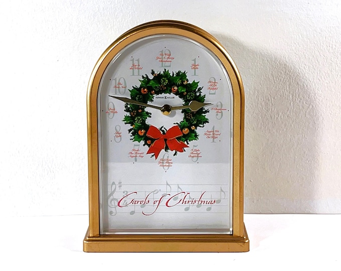 Vintage Howard Miller® Carols of Christmas Musical Chime Clock. 12 Tunes, Precision Quartz, Gold & Burled Red. 8" T. 6" W. Free US Shipping