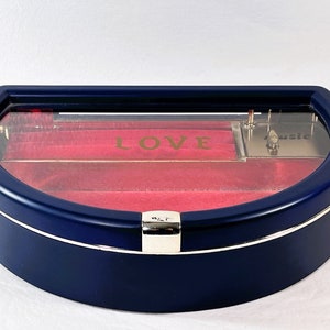 Vintage Sankyo Japan Half Moon Shape Music Jewelry  Box, "Love", Plexiglass, Hinged Lid, Velvet Lining. 9.75" W. 7" L. Free US Shipping