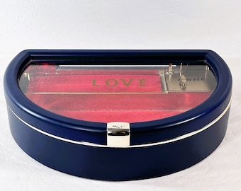Vintage Sankyo Japan Half Moon Shape Music Jewelry  Box, "Love", Plexiglass, Hinged Lid, Velvet Lining. 9.75" W. 7" L. Free US Shipping
