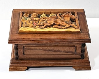 Antique Reuge® Switzerland Carved Wood Music Box. Tune: "Dr. Zhivago". 3D Horse Sleigh Top. 6.5" W. 5.25" L. Restored, Free US Shipping