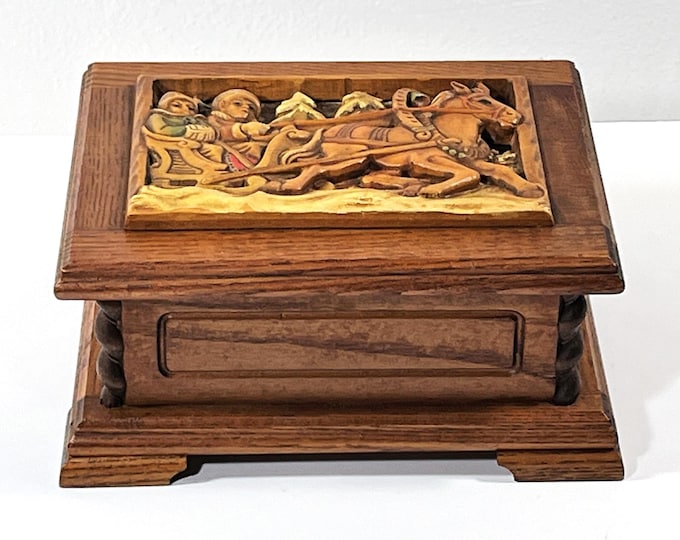 Antique Reuge® Switzerland Carved Wood Music Box. Tune: "Dr. Zhivago". 3D Horse Sleigh Top. 6.5" W. 5.25" L. Restored, Free US Shipping