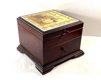 Kathryn White @2002 "Art In Motion" Large Wood Jewelry Box, Hangers, Pouch, Ring Section, Large Drawer. 9.5" W, 9" L. 7" H, Free US Shipping