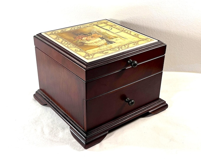 Kathryn White @2002 "Art In Motion" Large Wood Jewelry Box, Hangers, Pouch, Ring Section, Large Drawer. 9.5" W, 9" L. 7" H, Free US Shipping