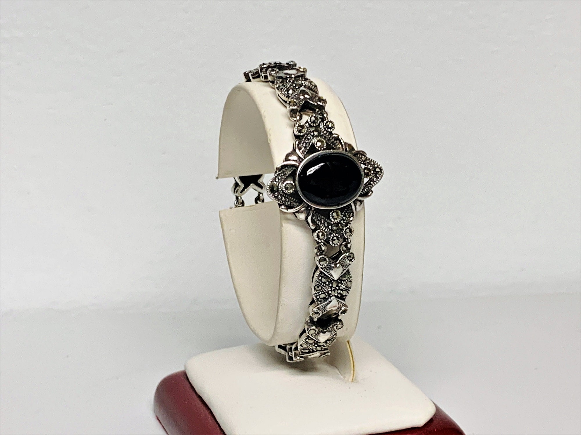 Vintage Sterling Silver Marcasite Black onyx Victorian Bracelet