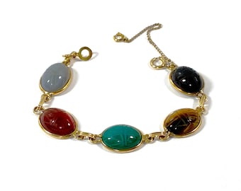 Vintage Winard™ 12K Gold Filled Scarab Bracelet, 5 Natural Gemstones Scarabs 16X12mm, Safety Chain. 6.5" L. Refinished, Free US Shipping
