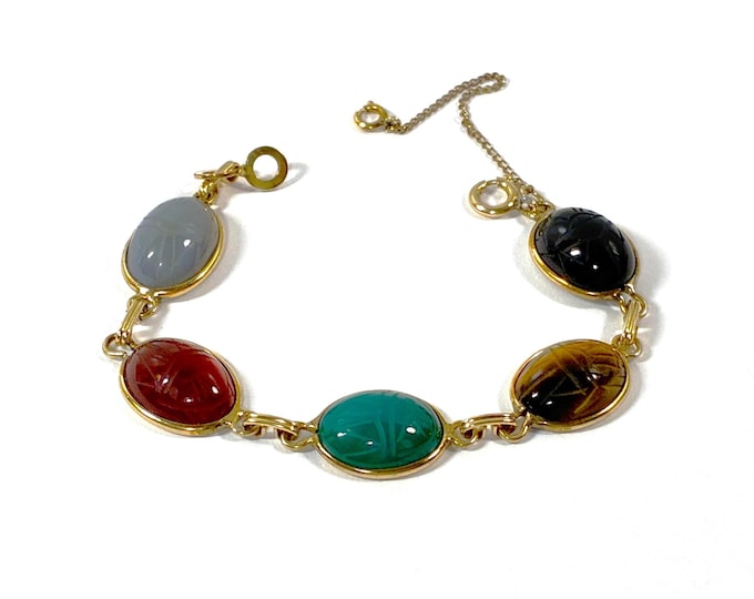 Vintage Winard™ 12K Gold Filled Scarab Bracelet, 5 Natural Gemstones Scarabs 16X12mm, Safety Chain. 6.5" L. Refinished, Free US Shipping