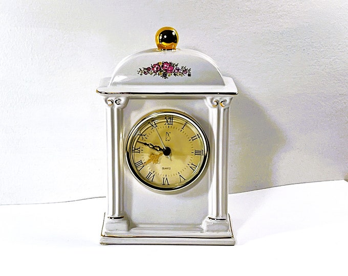 Vintage 1993 Paul Sebastian® Porcelain Floral Clock. 22K gold Accents & Finial, Limited Edition, 8.5” T. 5” W. Serviced. Free US Shipping