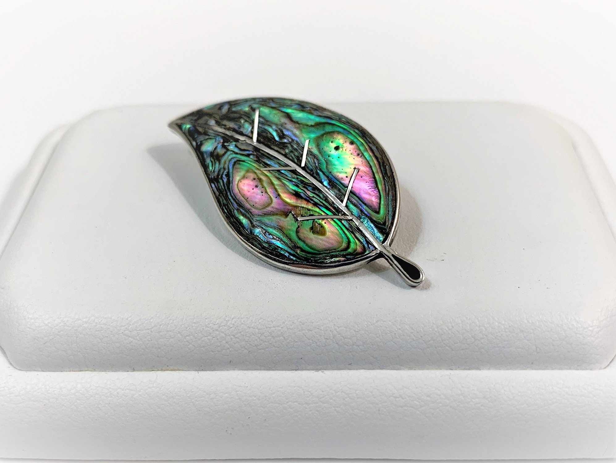 Vintage Abalone Inlay Leaf Sterling Silver Pin Brooch Signed
